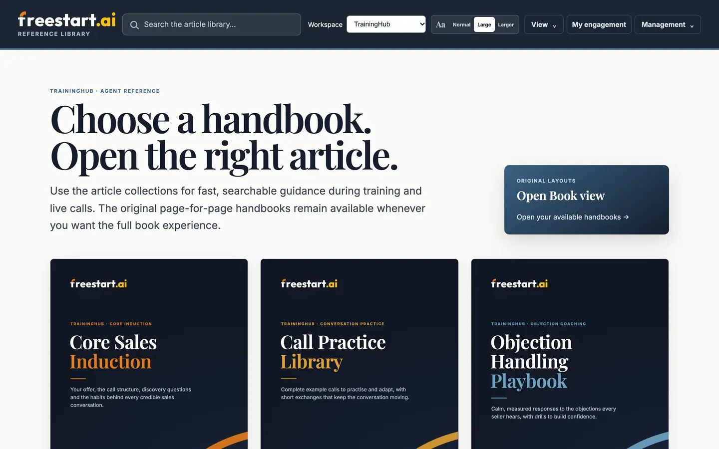 The TrainingHub reference library home, with cover cards for Core Sales Induction, Call Practice Library and Objection Handling Playbook.